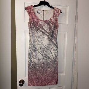 Kay Unger Pink and Gray Branch Print Midi Dress